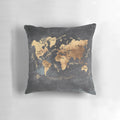 Decorative world map pillow in gold and black, featuring a detailed cartographic design for the ultimate traveler's home accessory.