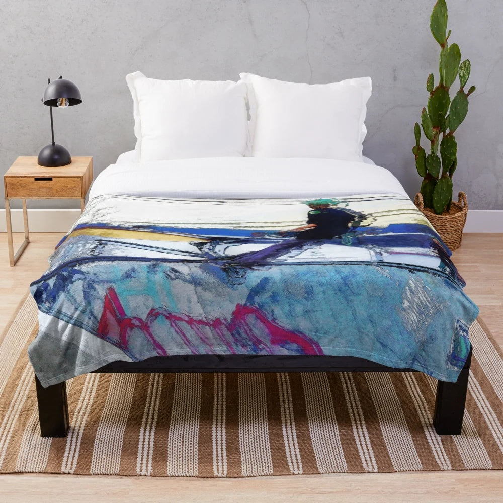 Plush blanket featuring stunt scooter artwork and extreme sports design