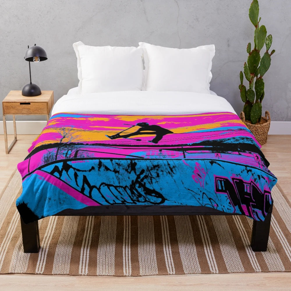 Stunt scooter plush blanket featuring vibrant graphic design