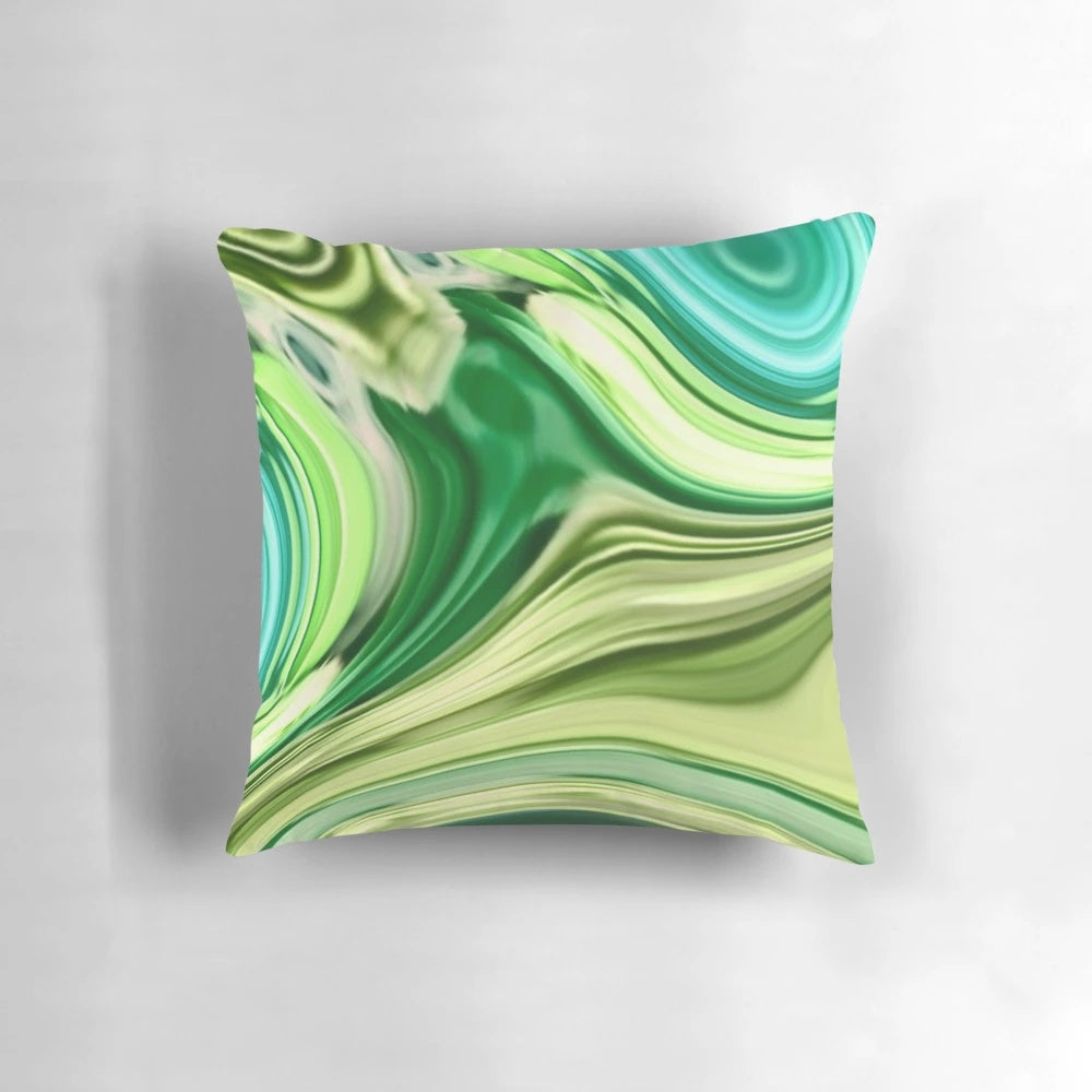 1980s-inspired abstract turquoise and lime green marble swirl pattern on a decorative throw pillow