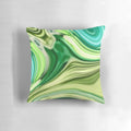 1980s-inspired abstract turquoise and lime green marble swirl pattern on a decorative throw pillow