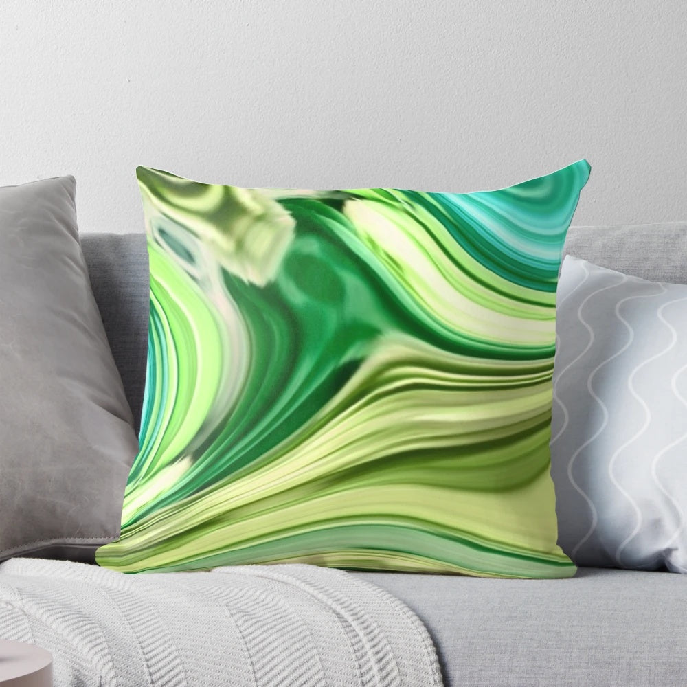 1980s-inspired abstract turquoise and lime green marble swirl pattern on a decorative throw pillow