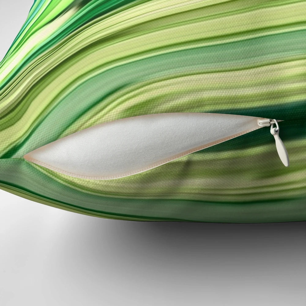 1980s-inspired abstract turquoise and lime green marble swirl pattern on a decorative throw pillow
