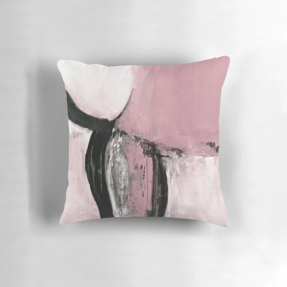 Handcrafted abstract art accent pillow in pink, black, and gray tones for modern and contemporary home decor