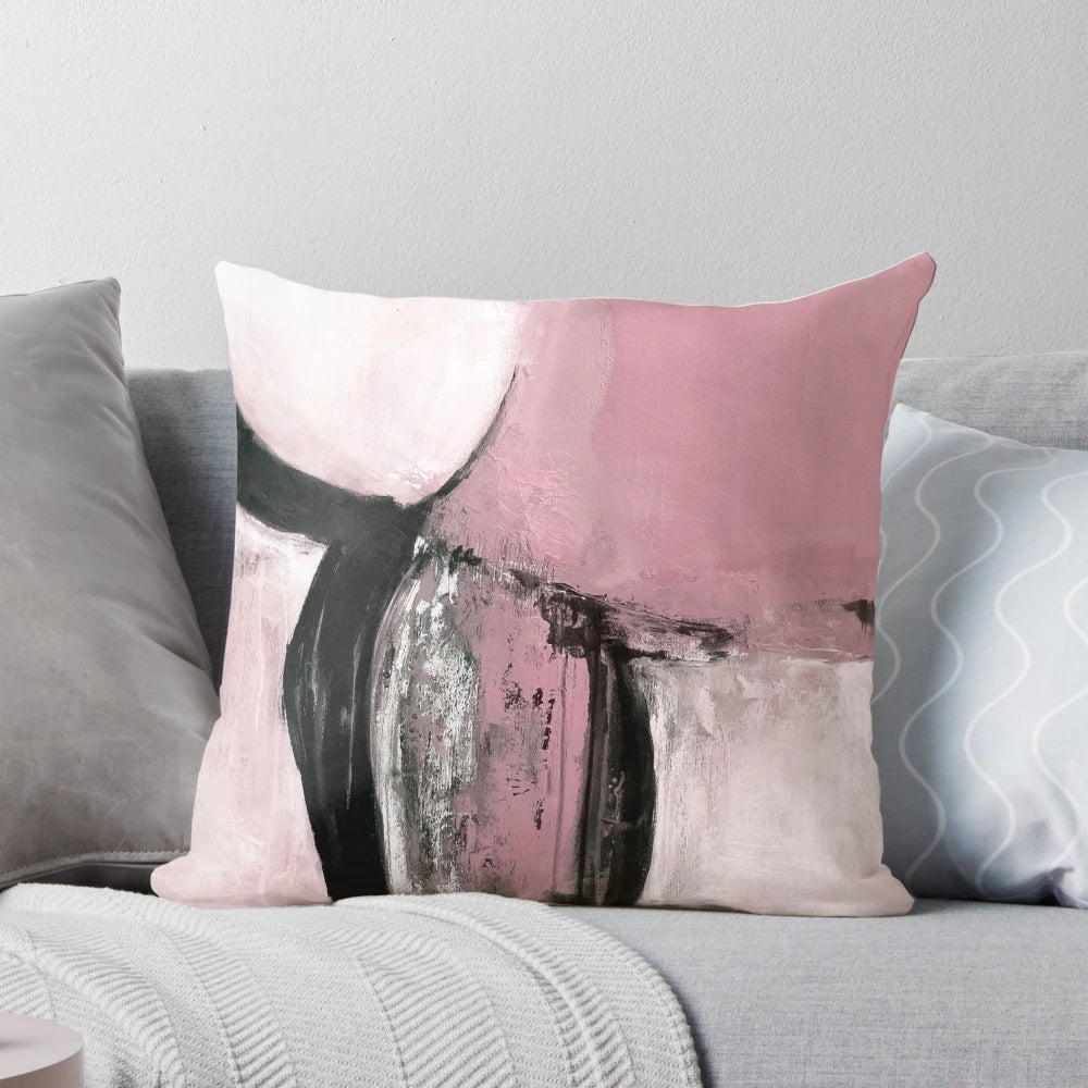 Handcrafted abstract art accent pillow in pink, black, and gray tones for modern and contemporary home decor