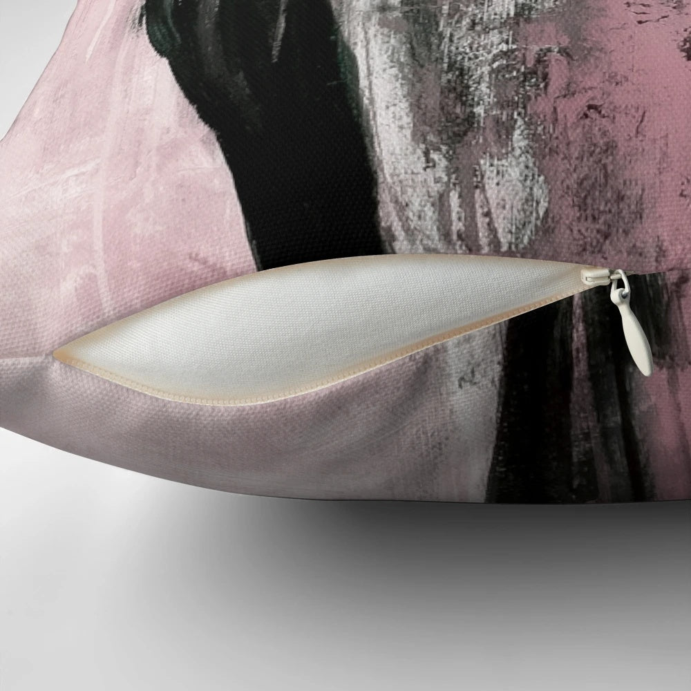 Handcrafted abstract art accent pillow in pink, black, and gray tones for modern and contemporary home decor