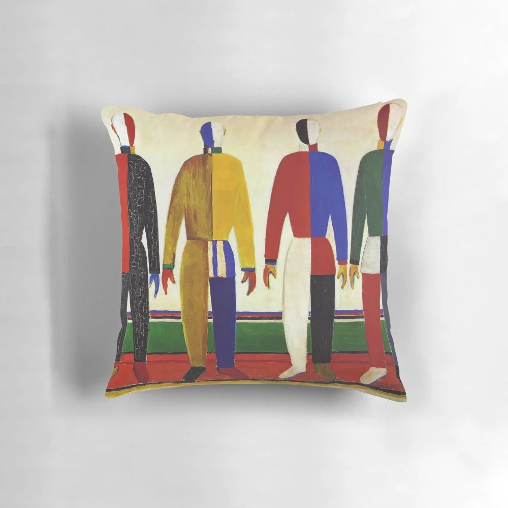 Pillow featuring an abstract art design inspired by Kazimir Malevich's 1931 painting "Sportsmen"
