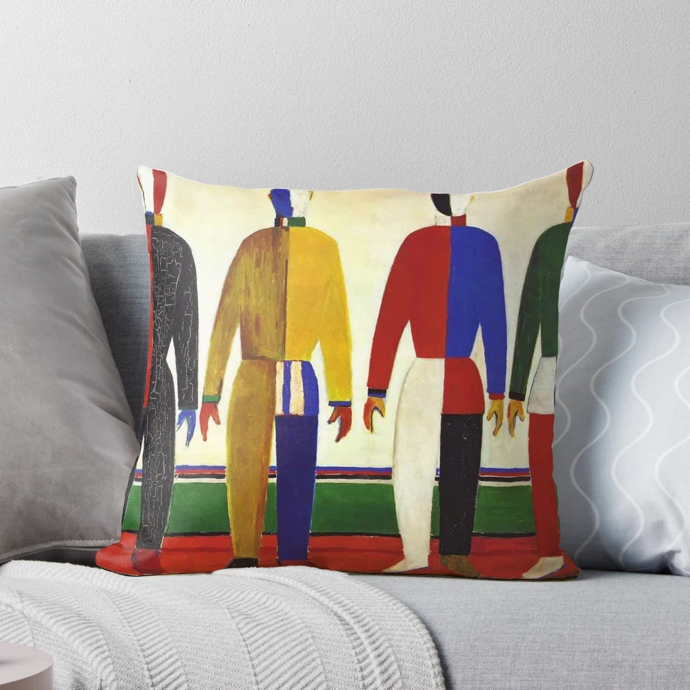 Pillow featuring an abstract art design inspired by Kazimir Malevich's 1931 painting "Sportsmen"