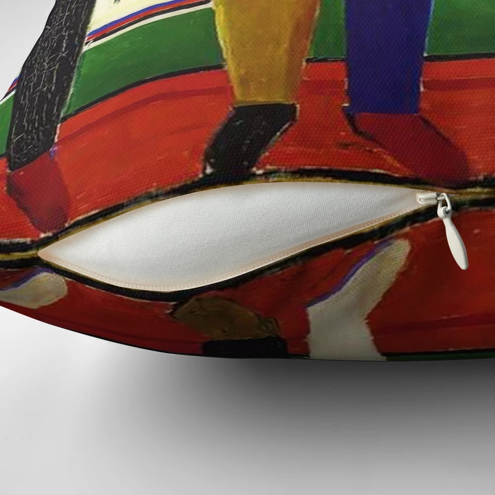 Pillow featuring an abstract art design inspired by Kazimir Malevich's 1931 painting "Sportsmen"
