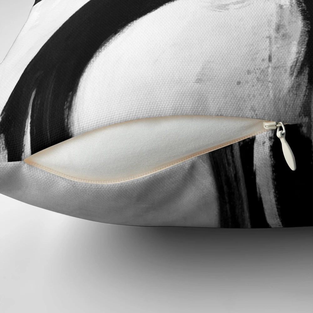 Minimalist abstract black, white, and grey brushstroke pattern pillow