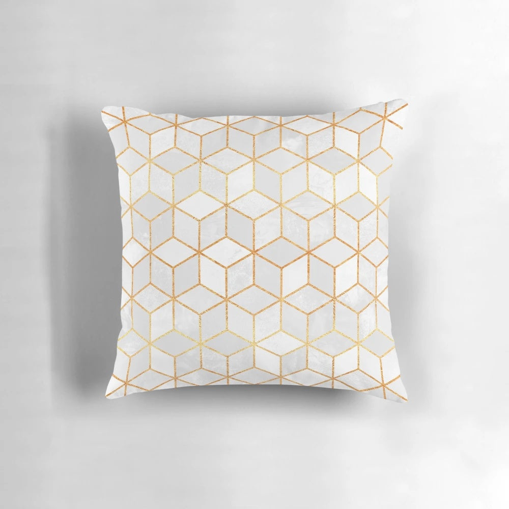 White and gold abstract geometric cube and hexagon design decorative pillow