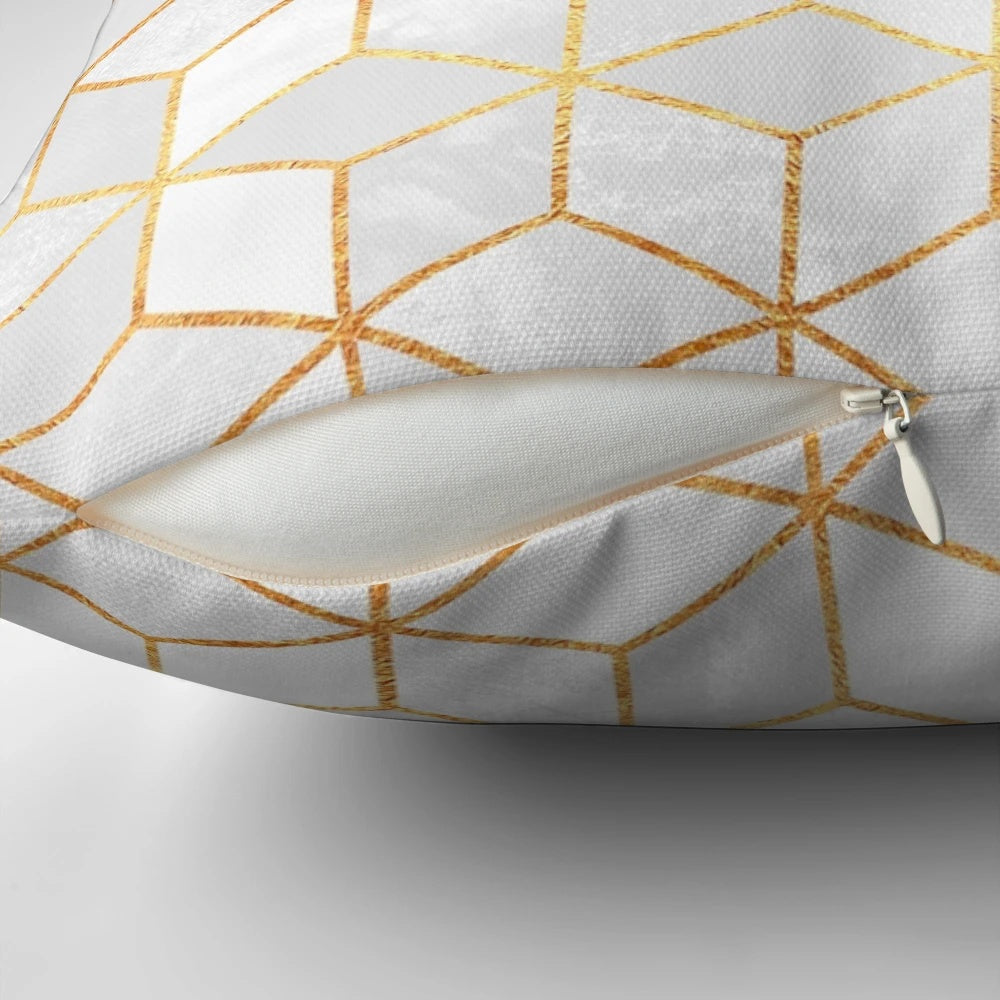 White and gold abstract geometric cube and hexagon design decorative pillow
