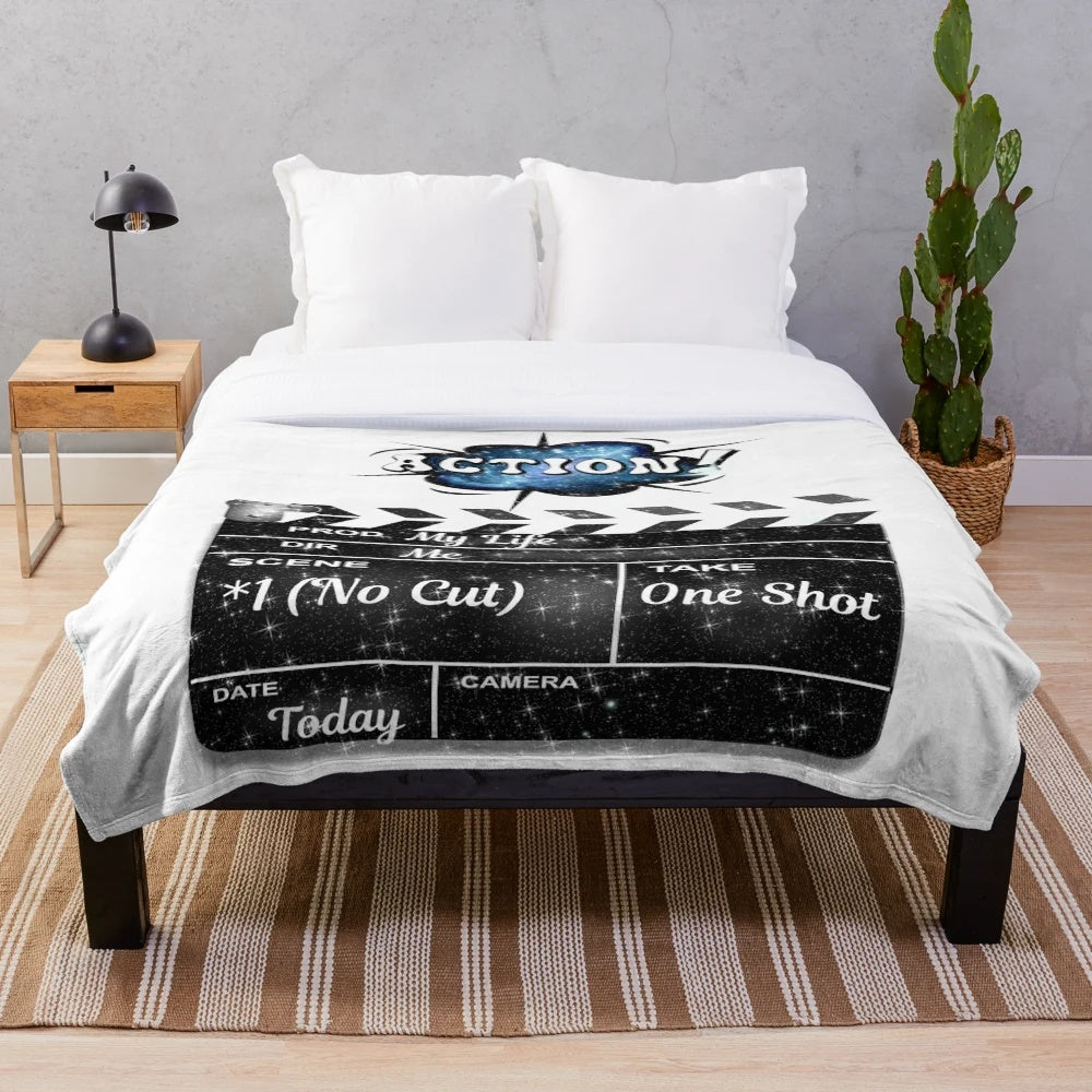 Action movie inspired plush blanket with comic speech bubble design