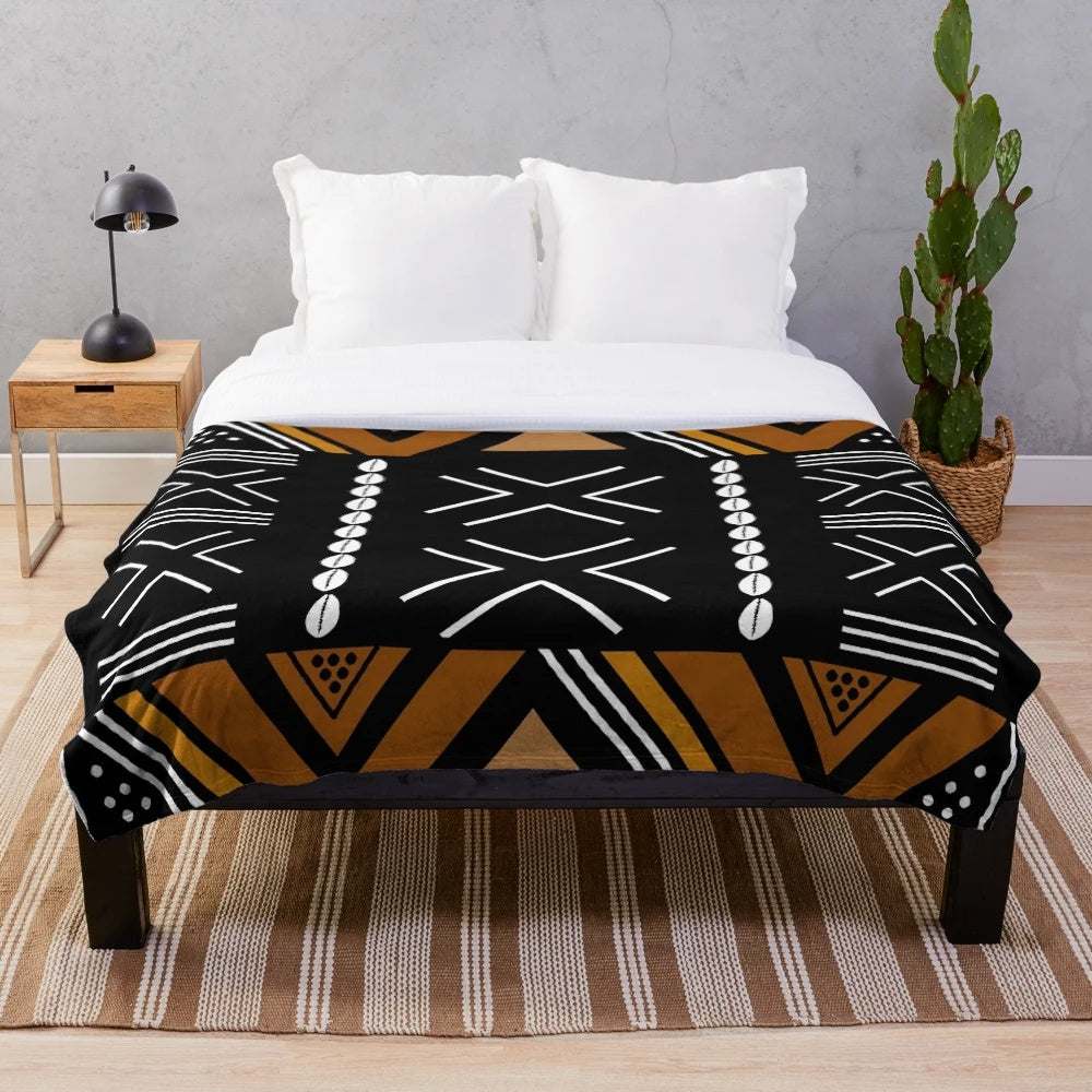 African mud cloth inspired plush blanket with abstract geometric design