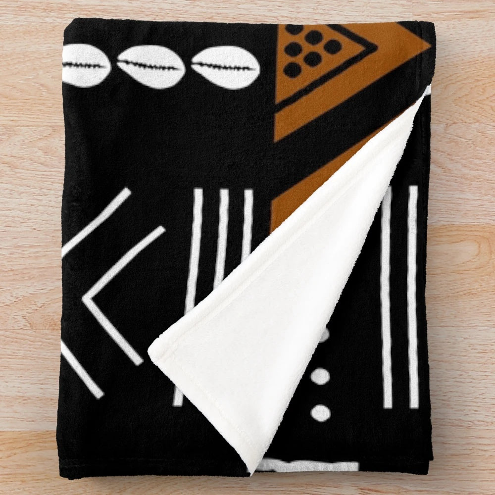 African mud cloth inspired plush blanket with abstract geometric design