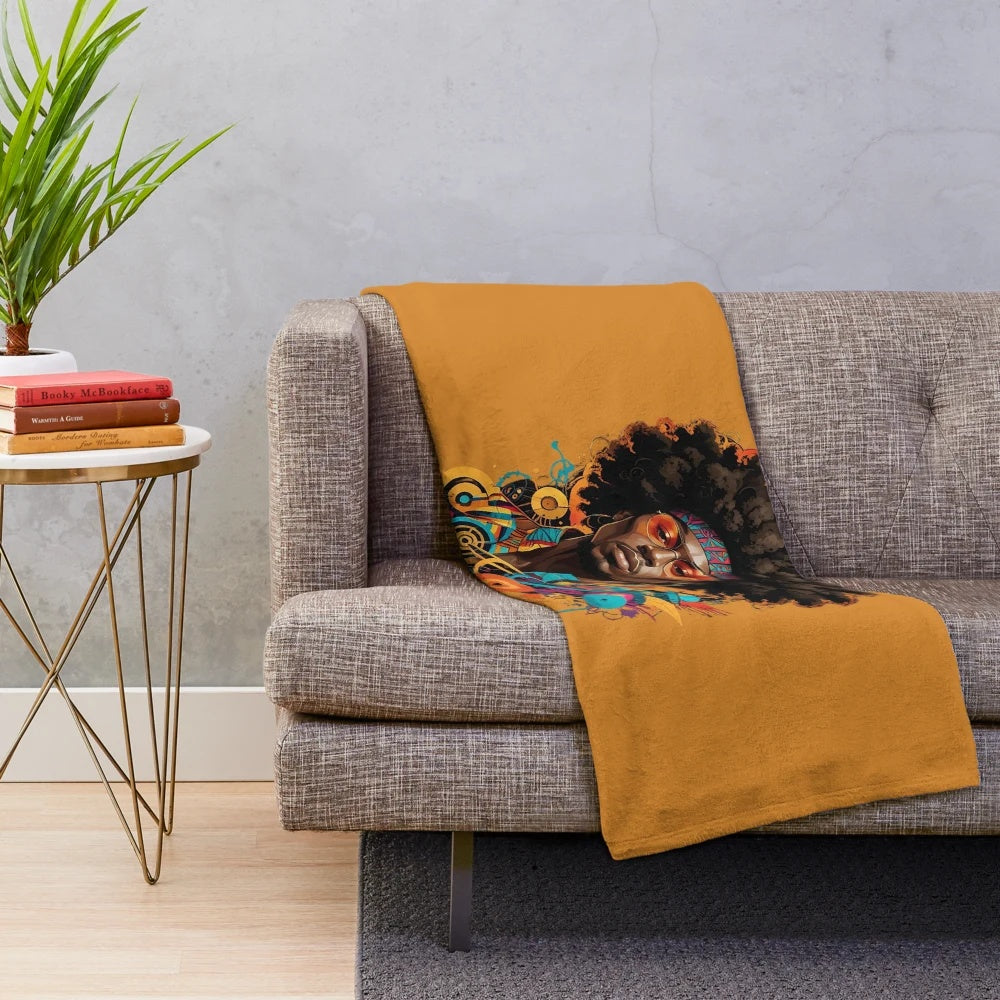 Afro plush blanket with vibrant ethnic patterns and natural hair design