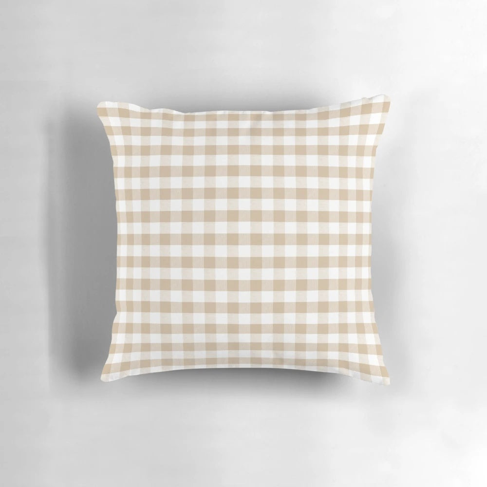Almond buff tan gingham decorative pillow for living room, bedroom, or office decor