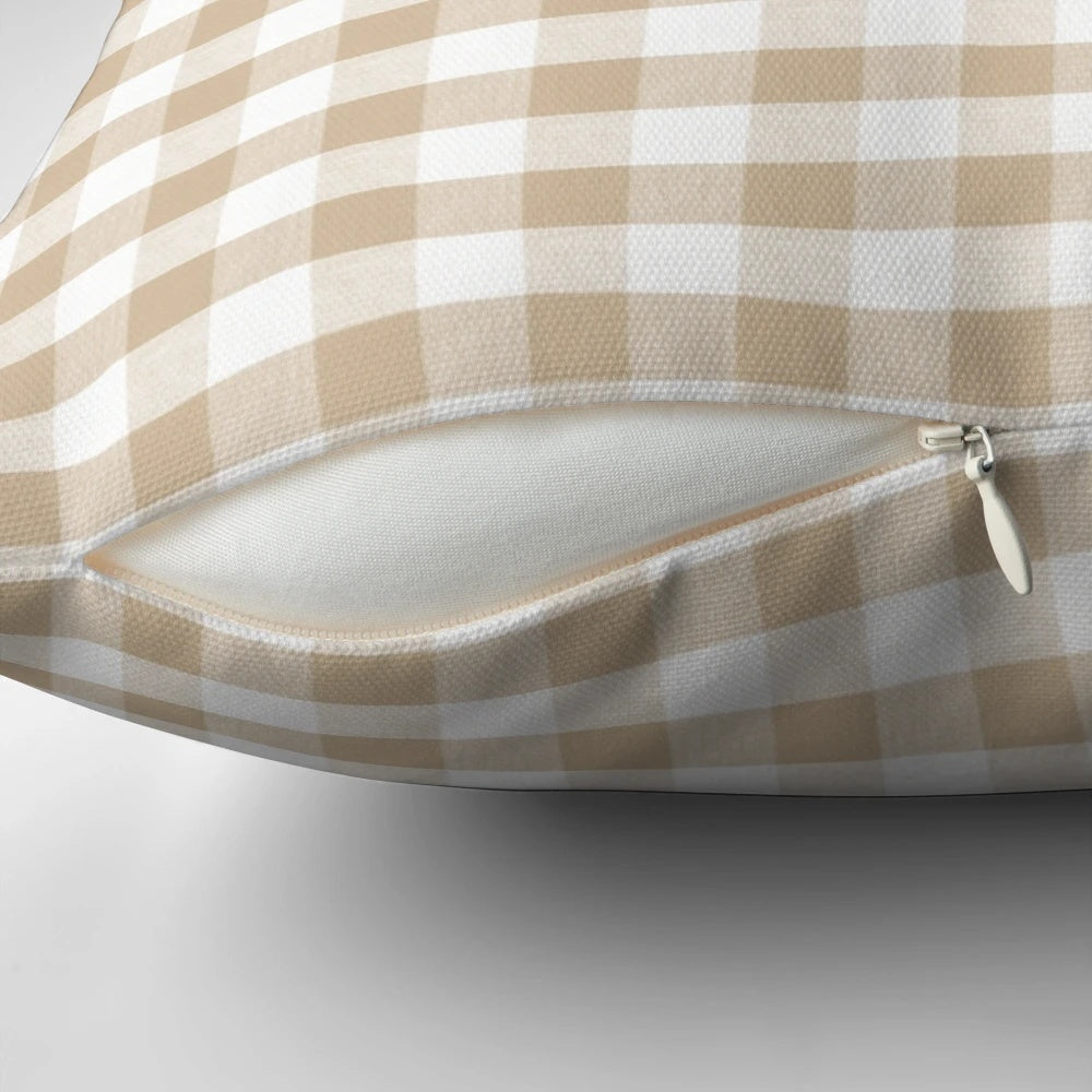 Almond buff tan gingham decorative pillow for living room, bedroom, or office decor