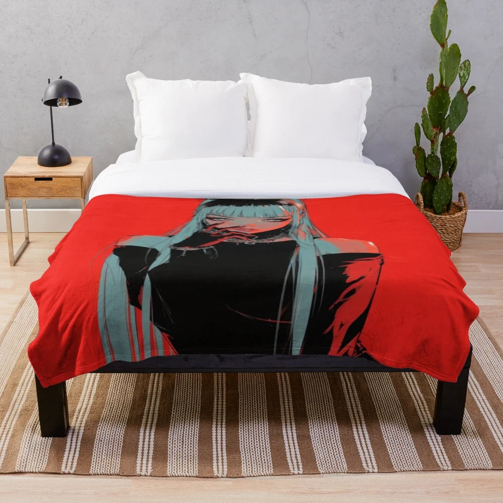Alternative style plush blanket with anime girl design