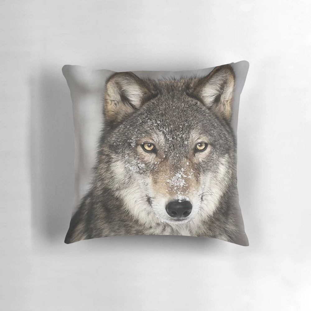 Detailed illustration of a wolf in an animal print pattern, designed for a high-quality decorative pillow.