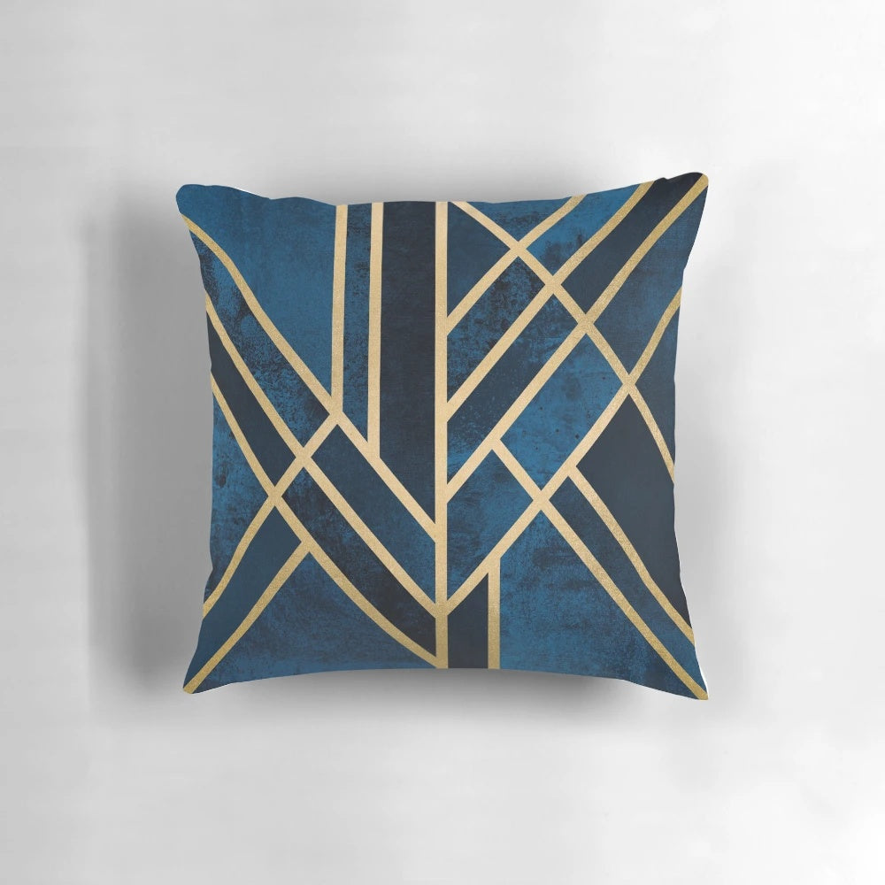 Elegant art deco style midnight blue and gold geometric patterned throw pillow