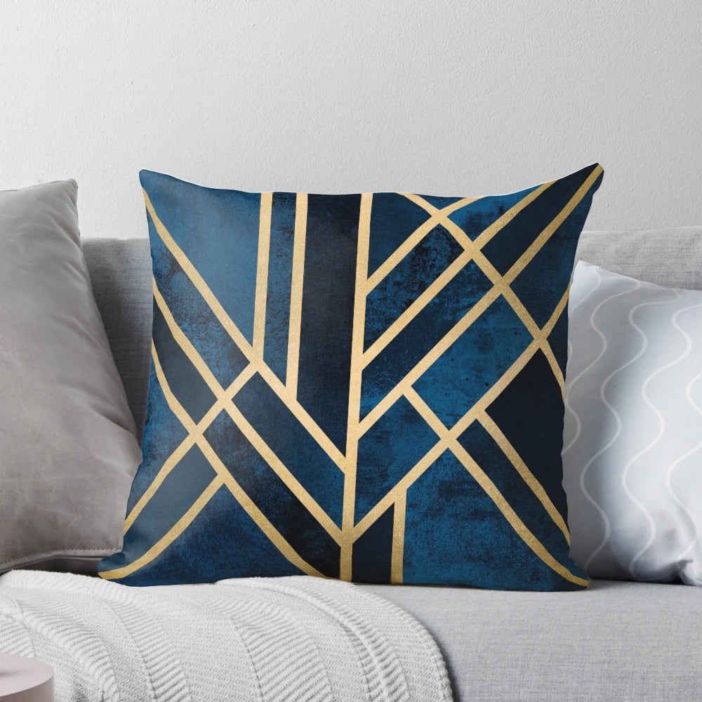 Elegant art deco style midnight blue and gold geometric patterned throw pillow