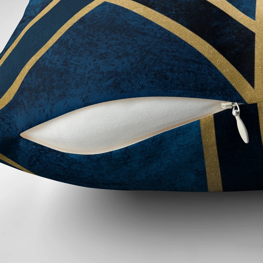 Elegant art deco style midnight blue and gold geometric patterned throw pillow