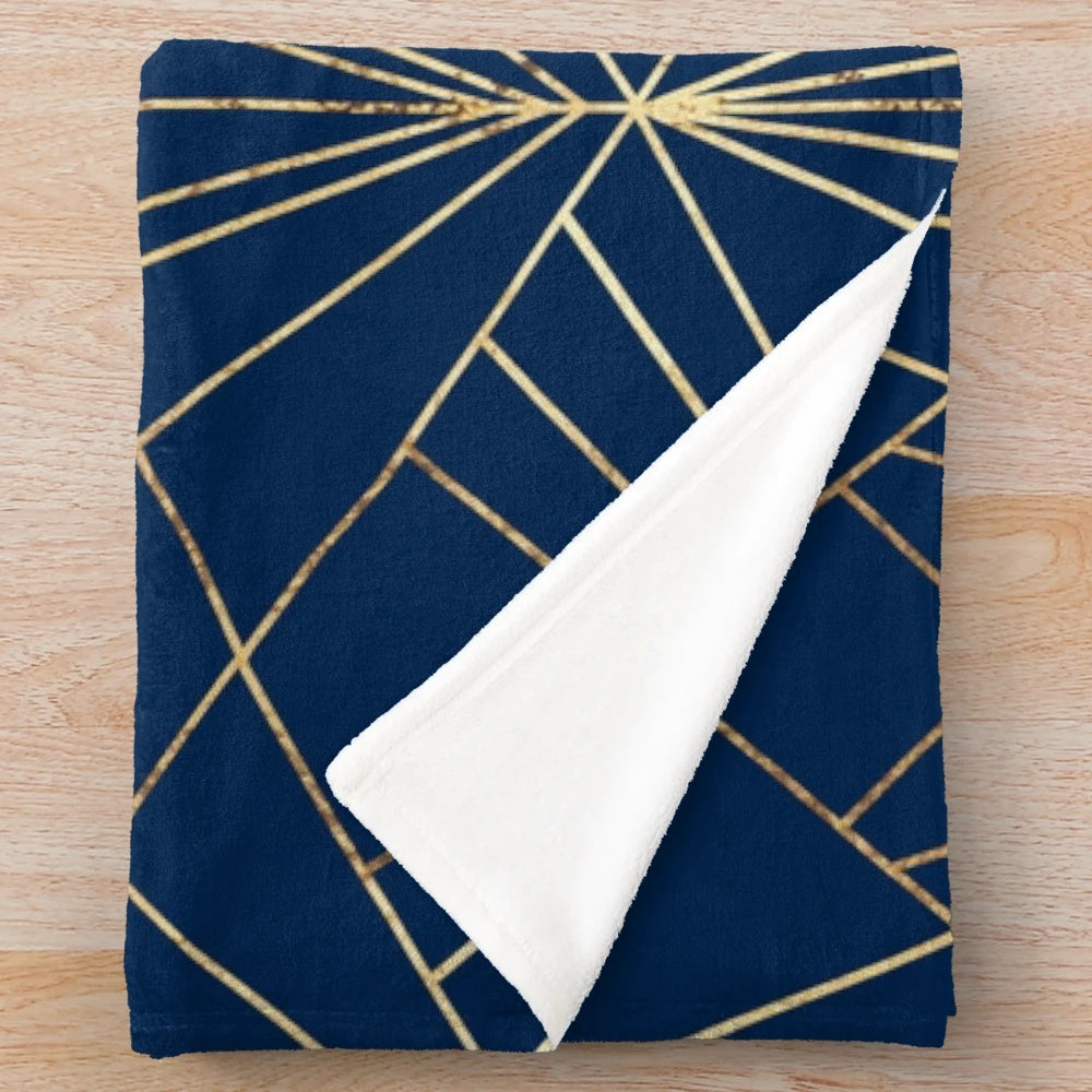 Art Deco Inspired Plush Blanket with Geometric Navy Blue and Gold Foil Pattern