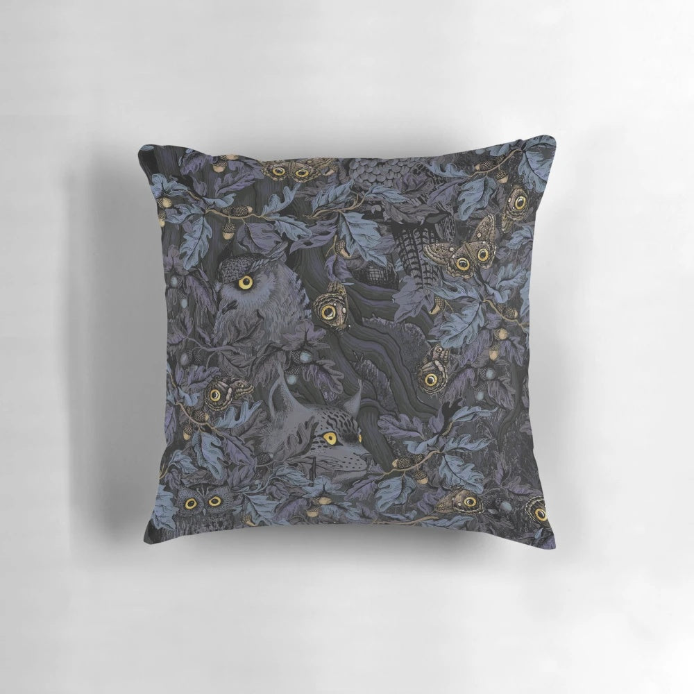 Autumn leaves and camouflage pattern pillow in moonlight blue color
