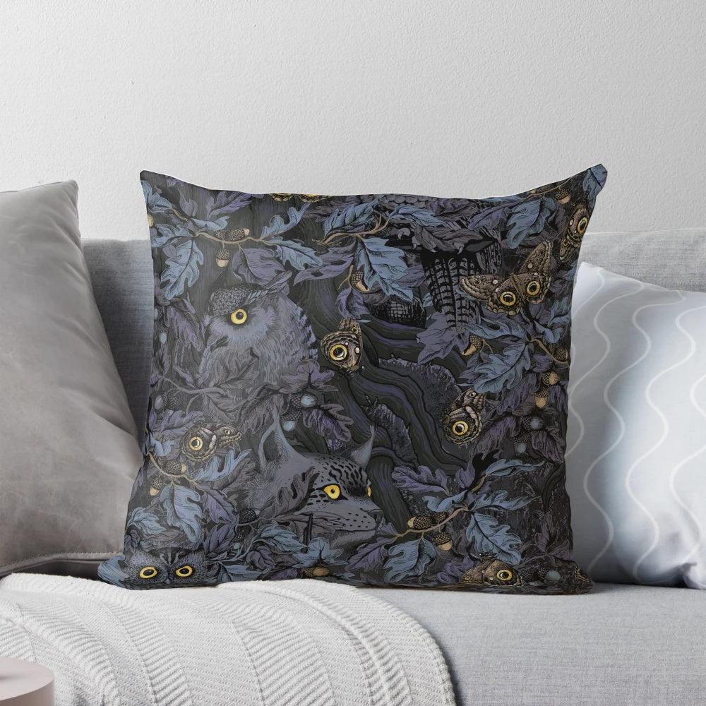 Autumn leaves and camouflage pattern pillow in moonlight blue color