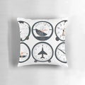 Closeup of a basic six flight instruments pillow, including attitude indicator, altimeter, airspeed indicator, and more.