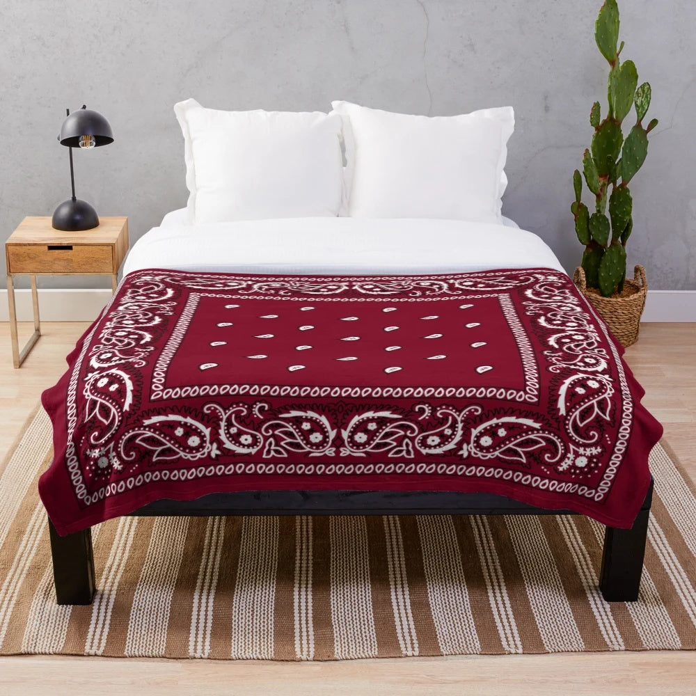 Burgundy plush blanket with bandana pattern