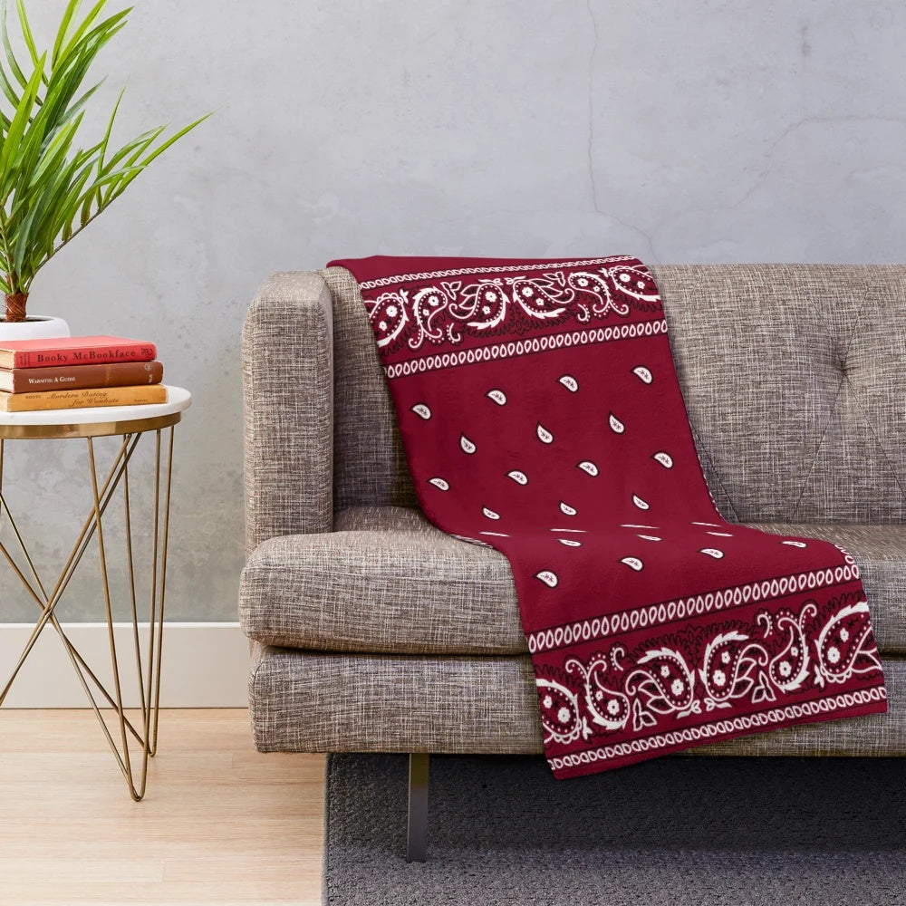 Burgundy plush blanket with bandana pattern