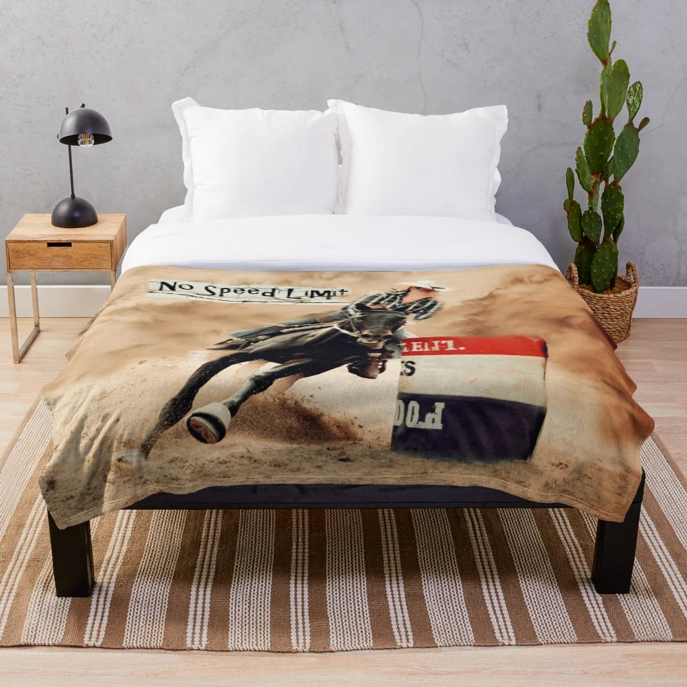 Barrel racing plush blanket featuring equestrian art and barrel racing quotes