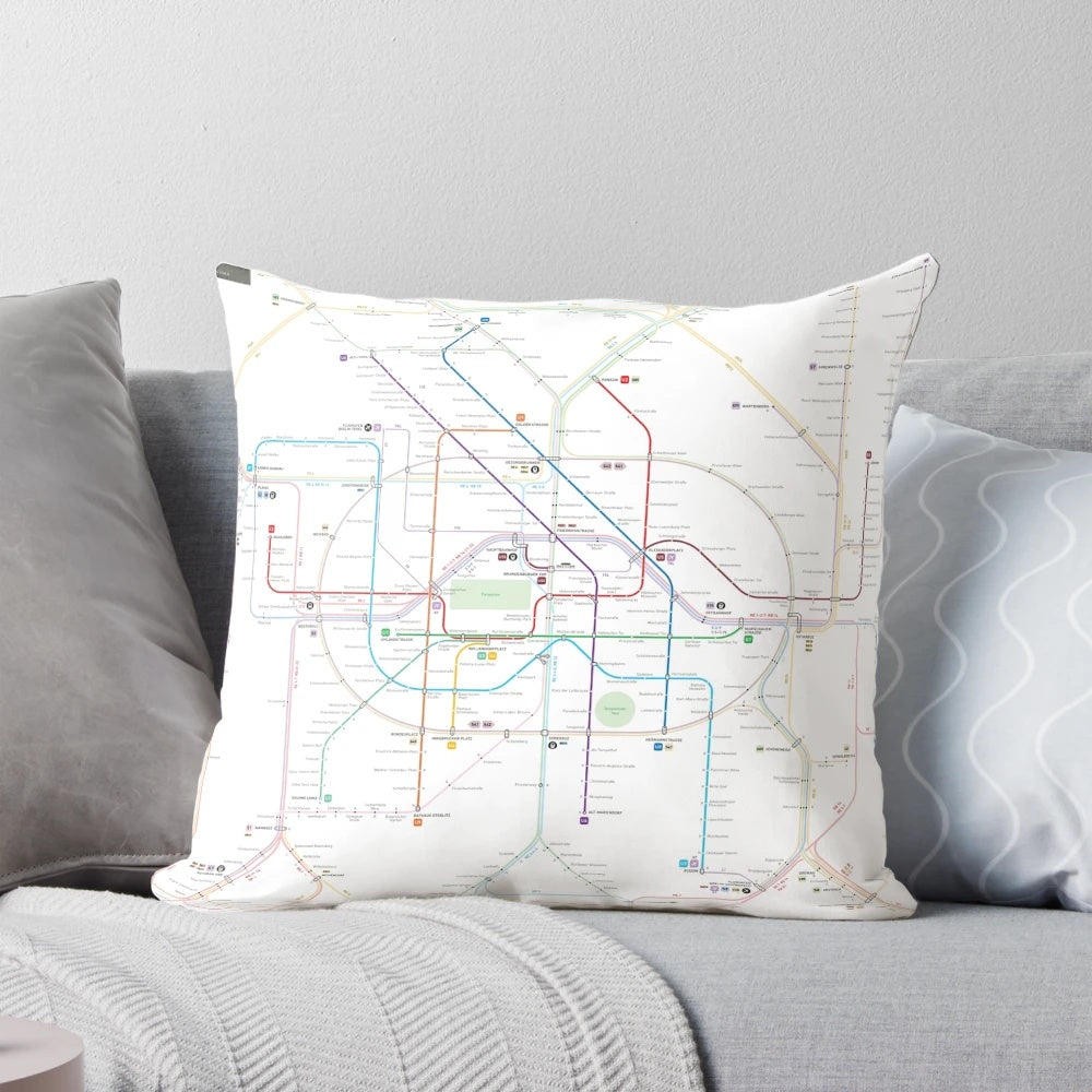 Berlin U-Bahn and S-Bahn map printed on a cozy, decorative pillow