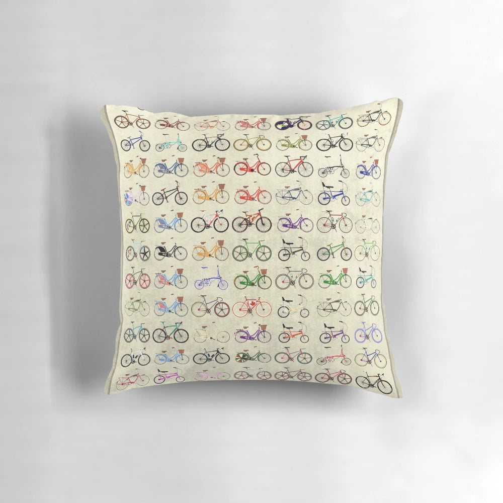Decorative pillow featuring a vintage-inspired bicycle design