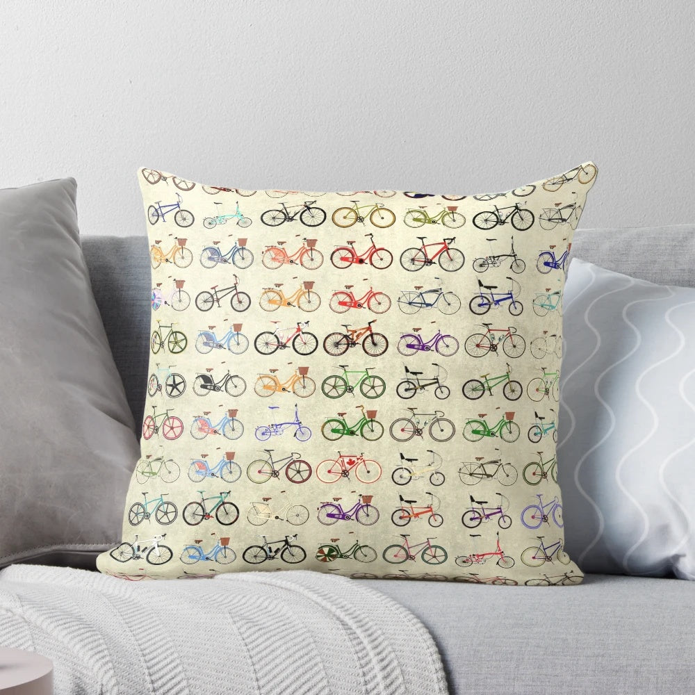 Decorative pillow featuring a vintage-inspired bicycle design
