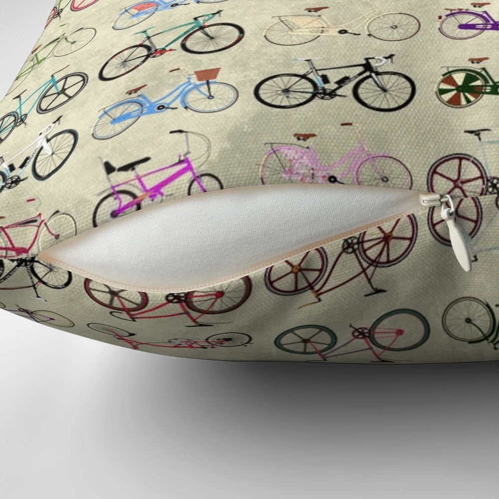 Decorative pillow featuring a vintage-inspired bicycle design