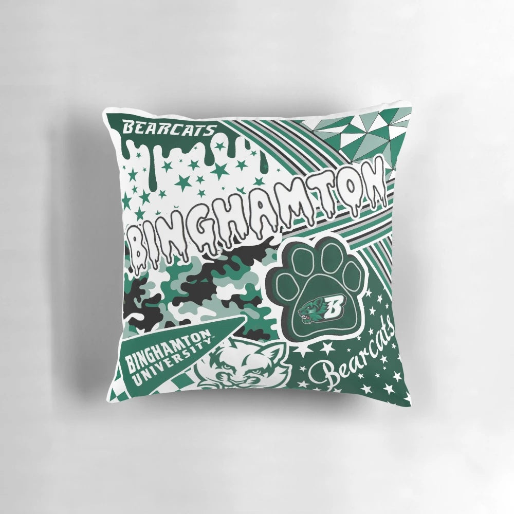Binghamton University-inspired decorative pillow featuring the Bearcats logo and school colors