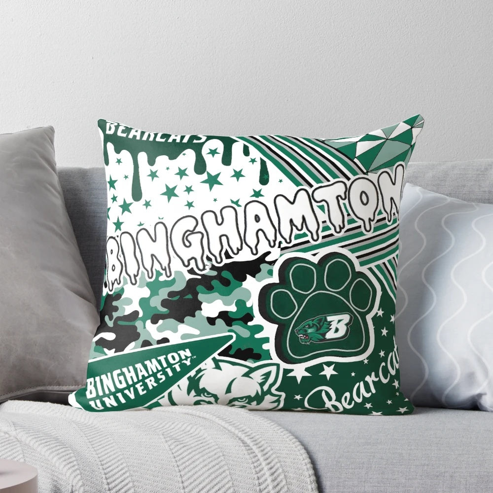 Binghamton University-inspired decorative pillow featuring the Bearcats logo and school colors