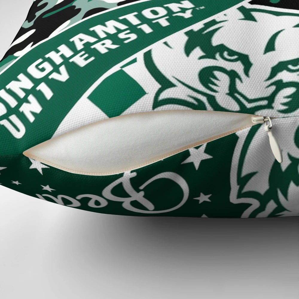 Binghamton University-inspired decorative pillow featuring the Bearcats logo and school colors