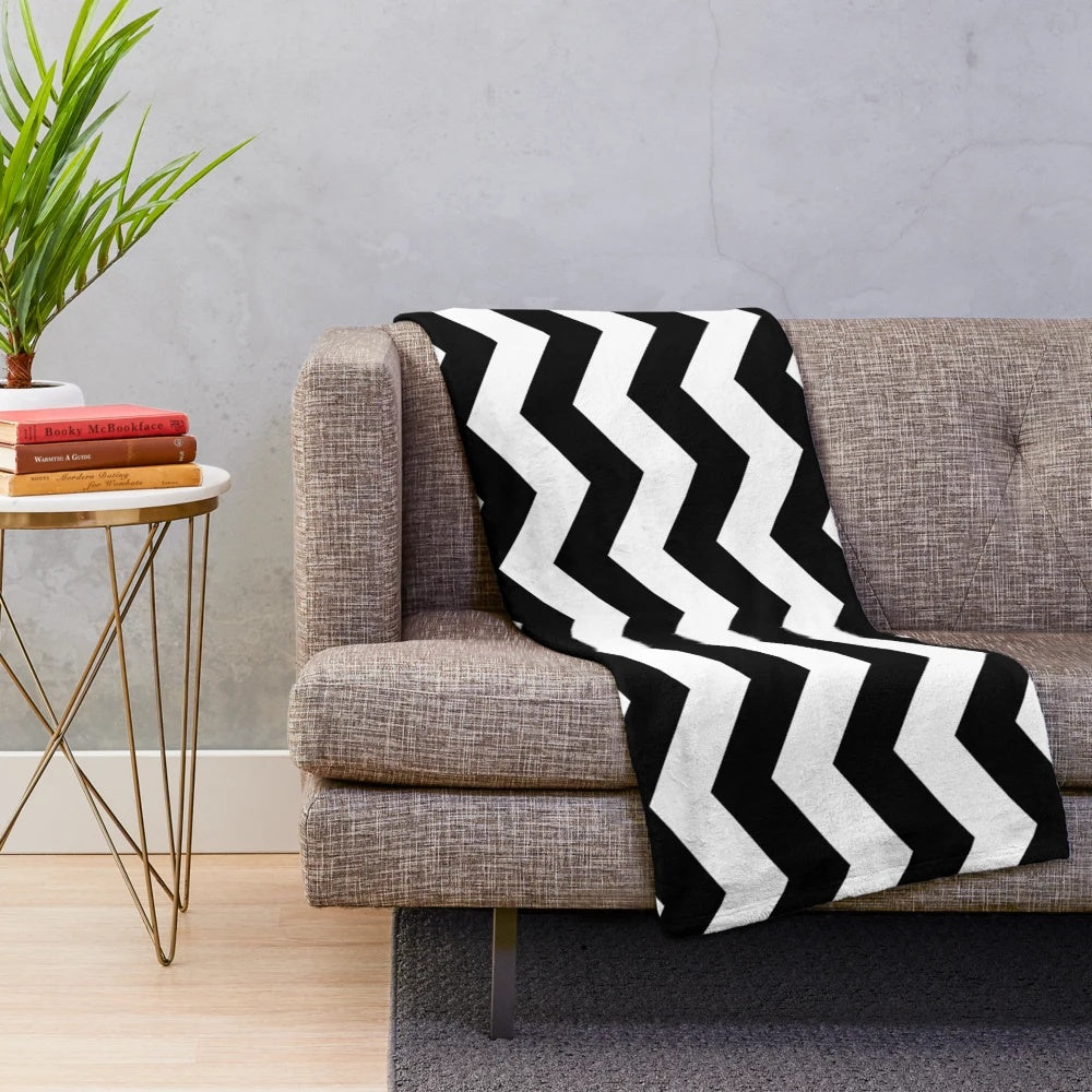 Black and white chevron patterned plush blanket