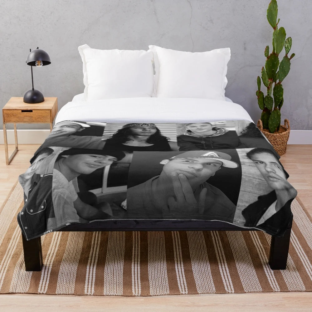 Black and white collage plush blanket featuring actor Miguel Cazarez Mora