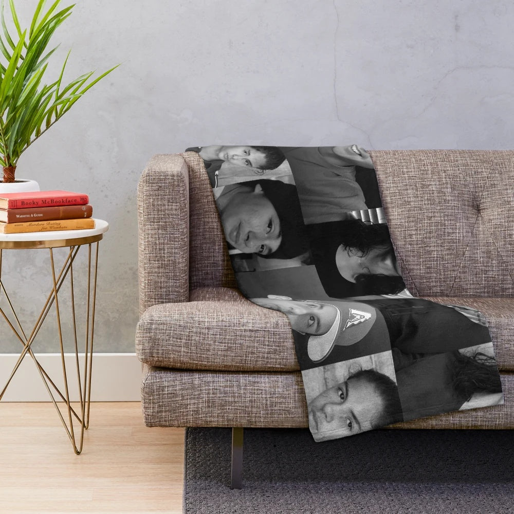 Black and white collage plush blanket featuring actor Miguel Cazarez Mora