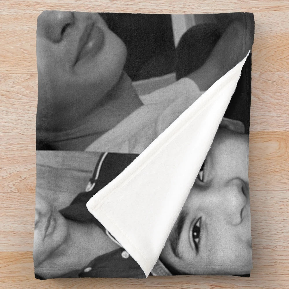 Black and white collage plush blanket featuring actor Miguel Cazarez Mora