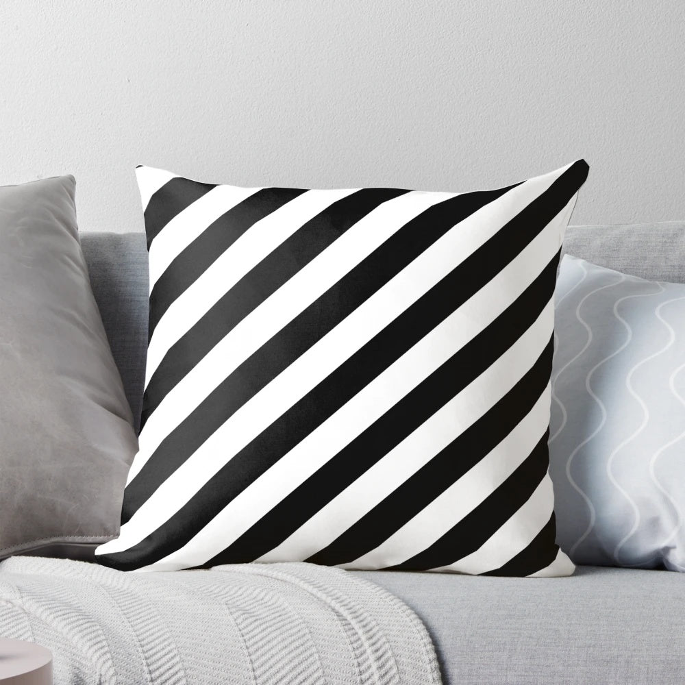 Black and white diagonal stripes patterned throw pillow
