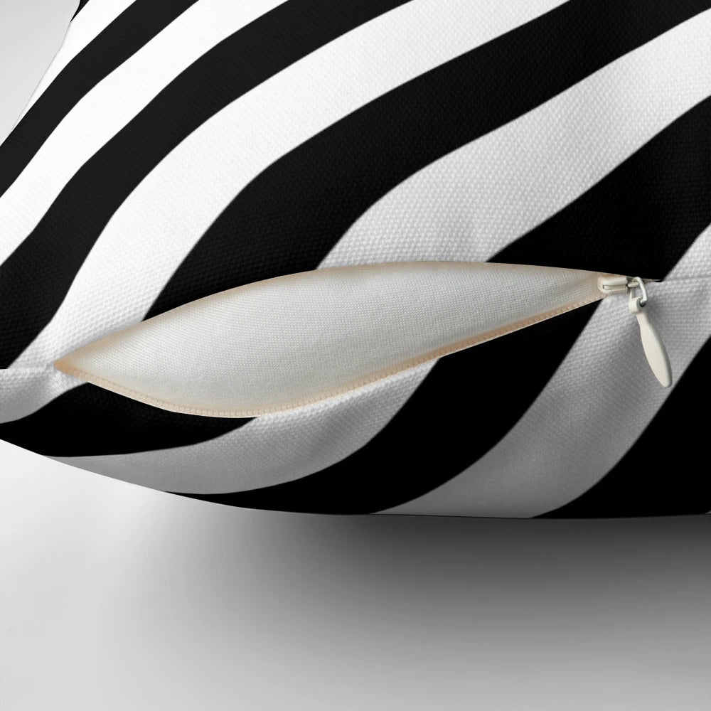 Black and white diagonal stripes patterned throw pillow