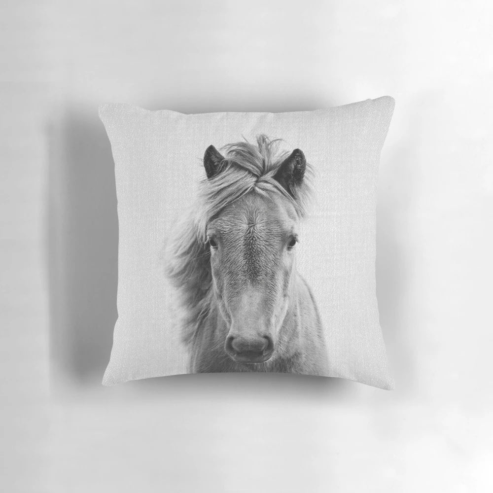 Soft, high-quality pillow featuring a minimalist black and white portrait of a horse