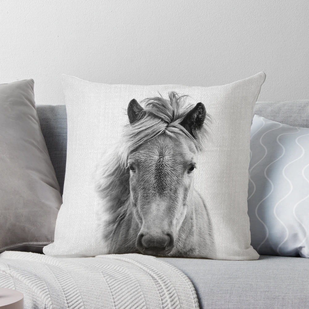 Soft, high-quality pillow featuring a minimalist black and white portrait of a horse