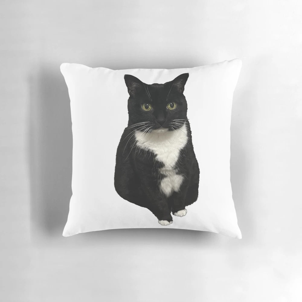 Plush black and white tuxedo cat pillow for cozy home decor